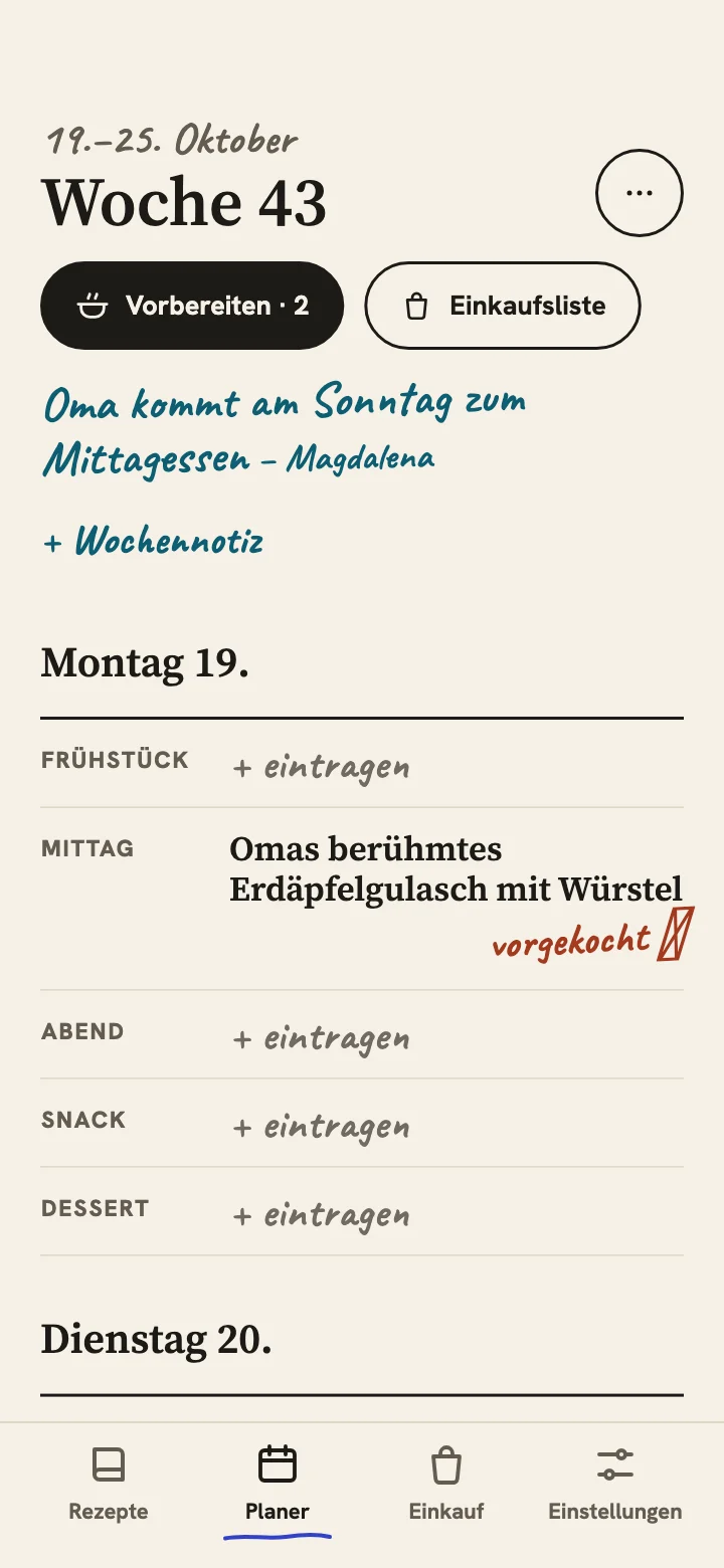 Hearthbook-Bildschirm: Planen